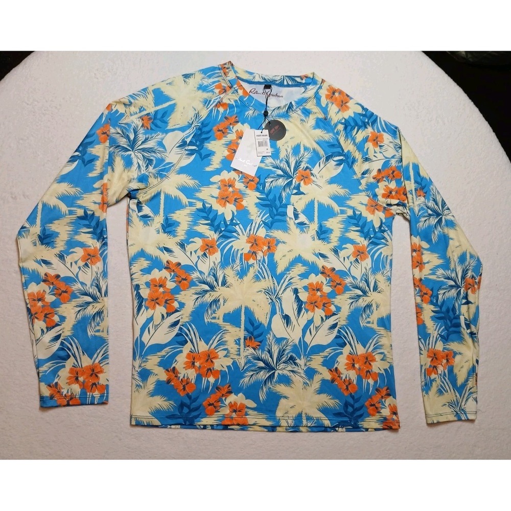 NWT Robert Graham Mens M Rash Guard Tropical Forest Azure Blue UPF 50+ SMRG114